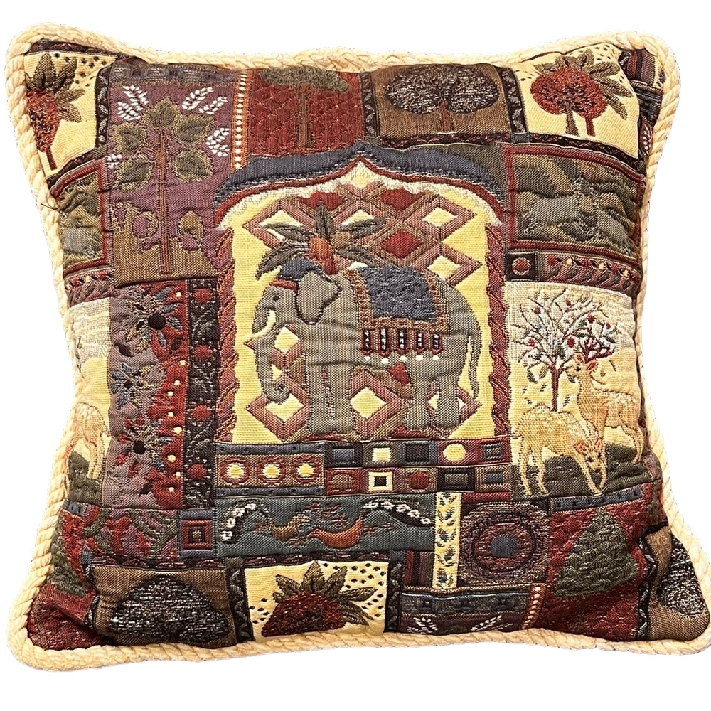 Tapestry pillow elephant deer birds botanicals velour spiral cord trim 16” x 16”